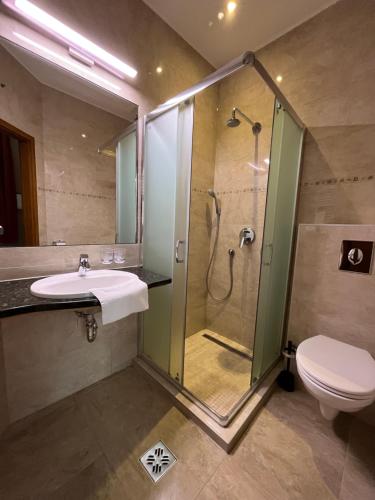 a bathroom with a shower and a sink and a toilet at Wagner Vendégudvar Panzió in Szombathely