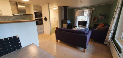 un soggiorno con due divani e una cucina di Sauna | Wi-Fi | Terrace | Wood stove | Cable TV a Lofsdalen