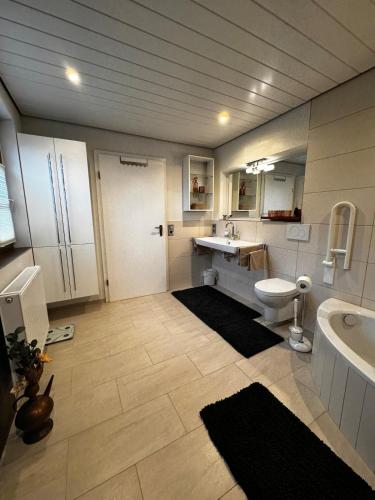 a bathroom with a sink and a toilet and a tub at Auszeit am Riedbach in Lindenberg im Allgäu