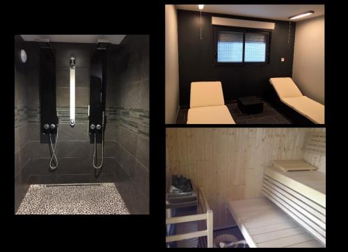 - deux photos d'une salle de bains avec douche et toilettes dans l'établissement Maison de la plage avec Piscine - Breizh Location, au Guilvinec