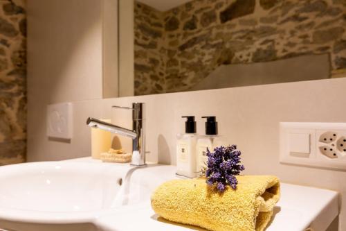 a bathroom with a sink and a towel on a counter at Living on a animal sanctuary in Schönenberg