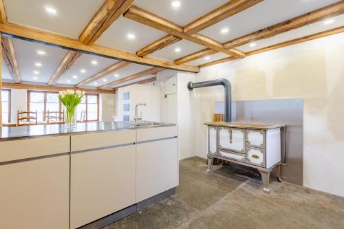 a kitchen with white cabinets and a sink at Living on a animal sanctuary in Schönenberg