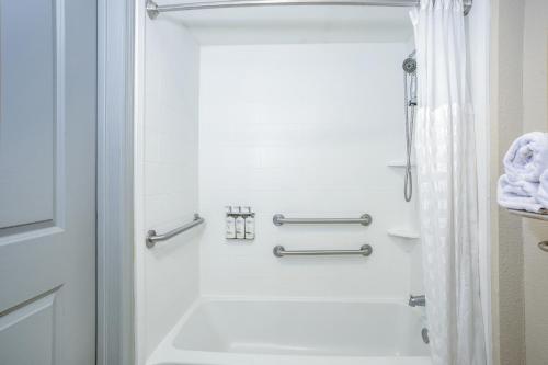 a bathroom with a shower and a white tub at Holiday Inn Express & Suites Oceanfront Daytona Beach Shores by IHG in Daytona Beach