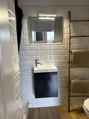 une salle de bain avec un lavabo et un miroir dans l'établissement Studio Biarritz Côte des Basques, à Biarritz