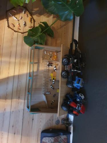 an overhead view of a lego race car display at Nordborg Værelser Hejnsvi in Hejnsvig