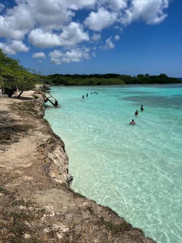 a group of people in the water at a beach at La Villas at Pos Chiquito Caribbean Paradise in Aruba in Savaneta
