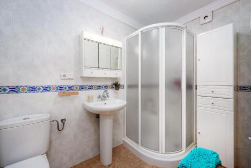 a bathroom with a shower and a toilet and a sink at La Casa De Eva in Gaucín