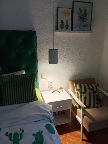 a bedroom with a bed with a green headboard and a chair at Green Cactus Rooms - unique and cozy house in Senta