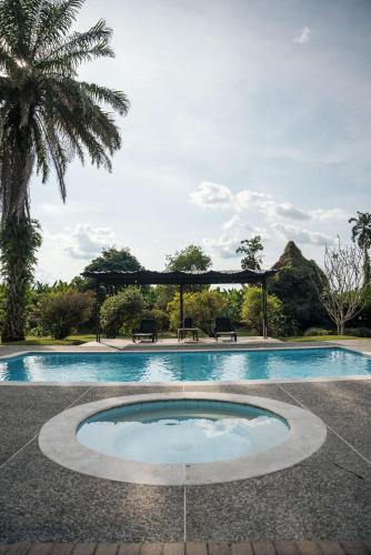a swimming pool with a pavilion and a palm tree at Finca Hotel in Armenia