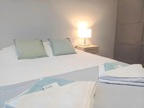 - une chambre dotée d'un lit avec deux oreillers et une lampe dans l'établissement Cœur De Ville - Très Spacieux Et En Hyper Centre, à Beauvais