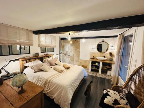 - une chambre avec un lit et un chat dans l'établissement Ferme Le Bacou, à Caraman