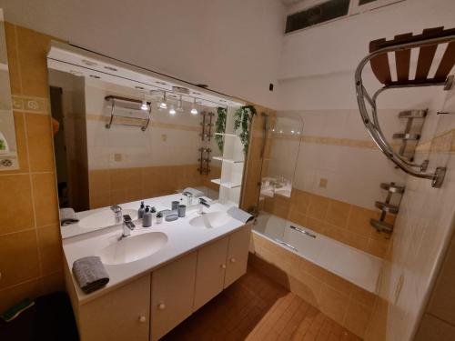 une salle de bain avec un lavabo, une douche et un miroir dans l'établissement jolie villa sur la cote bleu, à Martigues