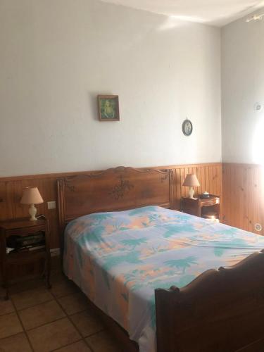 - une chambre avec un lit, 2 tables de nuit et 2 lampes dans l'établissement Maison au calme avec jardin et garage proche du centre et de la mer, à Cannes