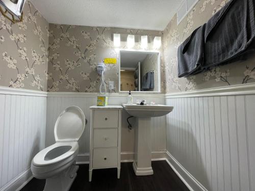a bathroom with a white toilet and a sink at The Village Inn Hotel in Milwaukee