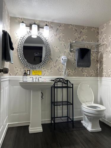 a bathroom with a toilet and a sink and a mirror at The Village Inn Hotel in Milwaukee
