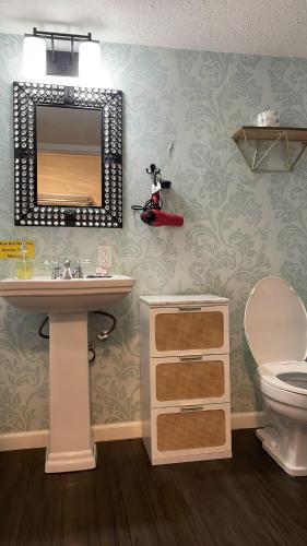 a bathroom with a sink and a mirror on the wall at The Village Inn Hotel in Milwaukee