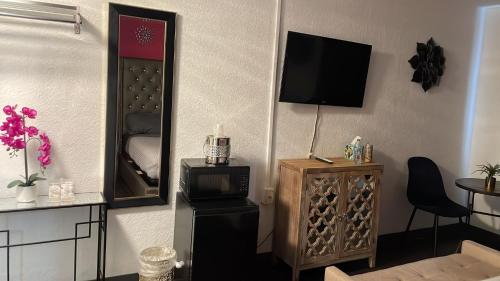 a room with a mirror and a tv on a wall at The Village Inn Hotel in Milwaukee