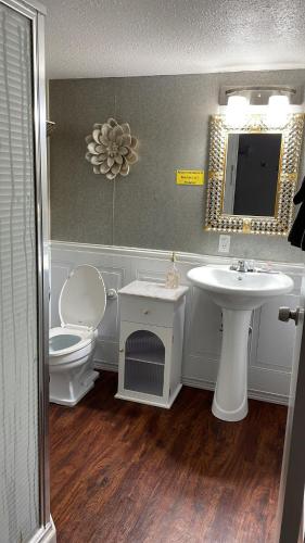 a bathroom with a sink and a toilet and a mirror at The Village Inn Hotel in Milwaukee