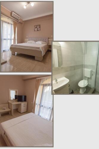 three pictures of a bedroom with a bed and a bathroom at Casa Meyra in Jupiter