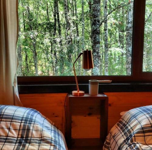 a lamp sitting on a night stand next to a window at Estación Benedicto in Manzanar