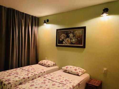 two beds in a room with a picture on the wall at Pousada Flor de Alecrim in Goiana