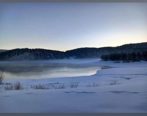 a snow covered field with a body of water at Residence Antea in Lorica