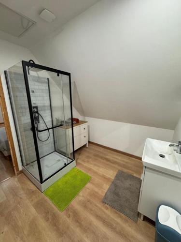 une salle de bain avec une douche en verre dans une chambre dans l'établissement Spacieux duplex avec parking privé, à Wattignies