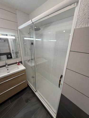 une salle de bain avec une douche en verre et un lavabo dans l'établissement L'Hermione, à Dienville