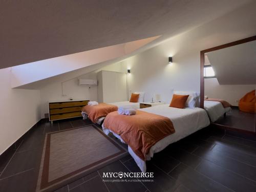 a bedroom with two beds and a mirror at Quinta Do Larai in Vale de Cambra