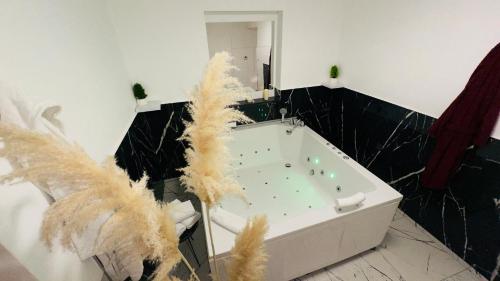 a bathroom with a large white tub with feathers in it at Hedonist Spa Jacuzzi Sarajevo Free parking in Sarajevo
