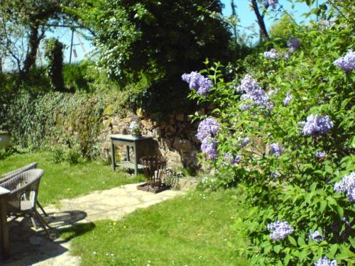 un jardín con un banco y flores púrpuras en Les Champys, en Saint-Péreuse