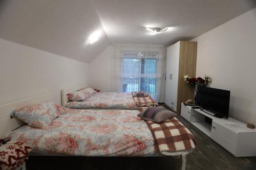 a bedroom with two beds and a flat screen tv at Villa Mali Vuk in Banja Luka