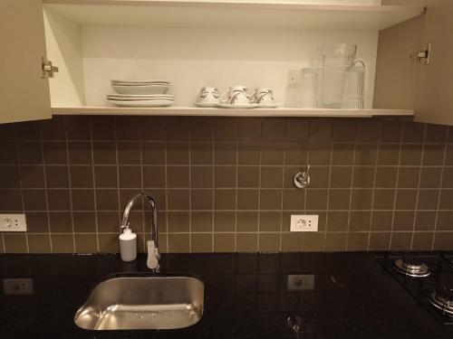 eine Küche mit Spüle und einem Regal mit Geschirr in der Unterkunft El mirador, moderno y acogedor departamento con balcon privado in Tarija