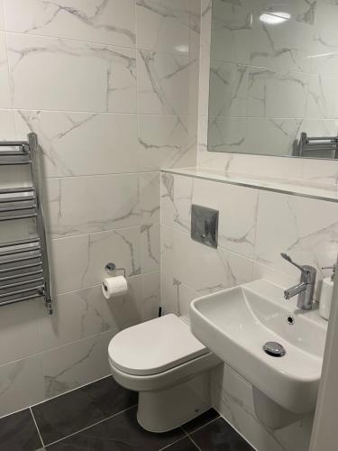 a white bathroom with a toilet and a sink at Cozy room in a shared apartment in Lucan