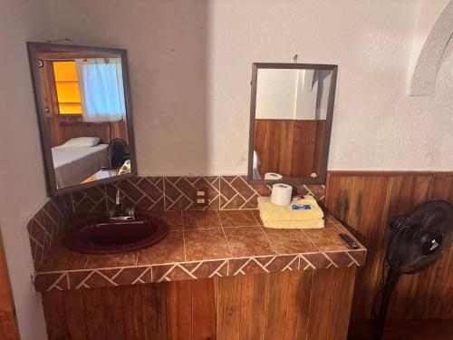 a bathroom with a sink and a mirror at Posada Quetzalin in Cuetzalán del Progreso