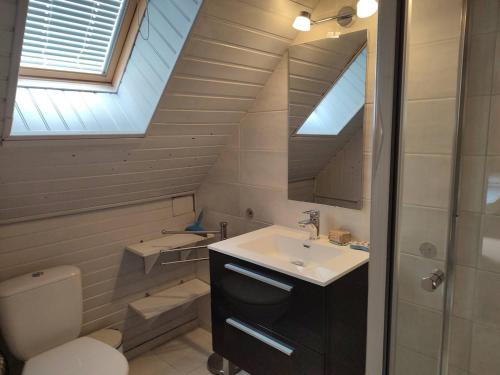 une salle de bain avec un lavabo et des toilettes et une fenêtre dans l'établissement Maison cosy à 250m de la plage de Pors Gelen avec jardin et parking - FR-1-368-446, à Pleumeur-Bodou
