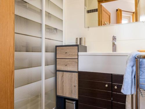 une salle de bain avec un lavabo et un miroir dans l'établissement Maison éco près de la mer avec jardin et wifi - FR-1-306-1291, à Pornic