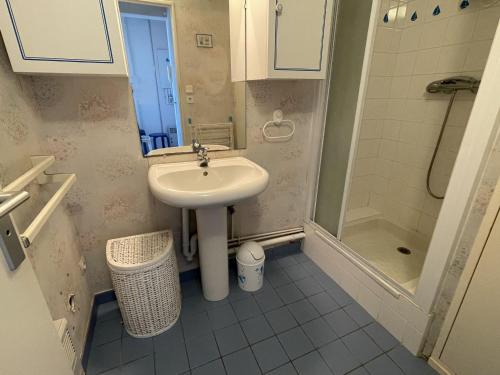 une petite salle de bain avec un lavabo et une douche dans l'établissement Confortable appartement 4 pers. avec terrasse, piscine et parking à Arzon - FR-1-775-8, à Arzon