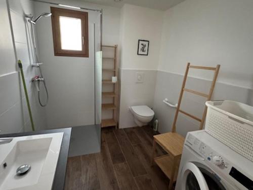 une salle de bains avec douche, toilettes et lavabo dans l'établissement Charmant appart à 50m des pistes, balcon, parking - FR-1-445-215, à Montgenèvre