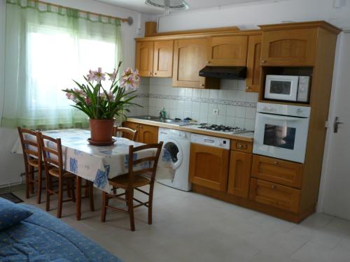- une cuisine avec une table, des chaises et une cuisinière four supérieur dans l'établissement Appartement T3 avec jardin privé et Wi-Fi à Capbreton - FR-1-239-1099, à Capbreton