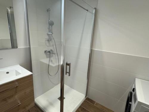 une douche avec une porte vitrée à côté d'un lavabo dans l'établissement Superbe duplex 5 pers à Montgenèvre avec parking privé - FR-1-445-216, à Montgenèvre
