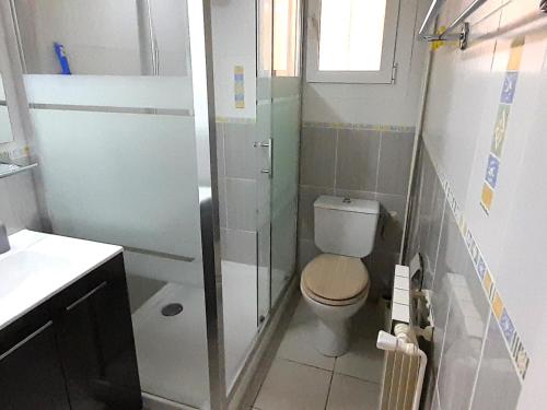 une petite salle de bain avec toilettes et douche dans l'établissement Appartement T3 avec jardin privé et Wi-Fi à Capbreton - FR-1-239-1099, à Capbreton
