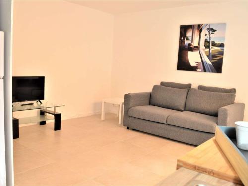 un salon avec un canapé et une télévision dans l'établissement Appartement 2P Climatisé avec Jardin et Parking près de la Mer - FR-1-226B-223, à Cavalaire-sur-Mer