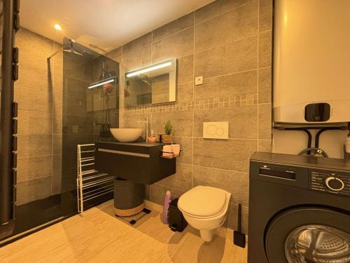 une salle de bain avec toilettes et lavabo et une machine à laver dans l'établissement Studio moderne avec terrasse sur le toit, parking et WIFI - FR-1-226B-225, à Cavalaire-sur-Mer