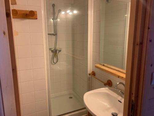 une salle de bain avec une douche, des toilettes et un lavabo dans l'établissement Studio ski aux pieds à l'Altiport, Meribel - FR-1-411-974, à Les Allues