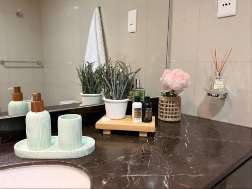 アブダビにあるSea Breeze 1BR in Luxury Complex with Sea View Pools Gym on Reem Islandの花瓶と植物が並ぶバスルーム