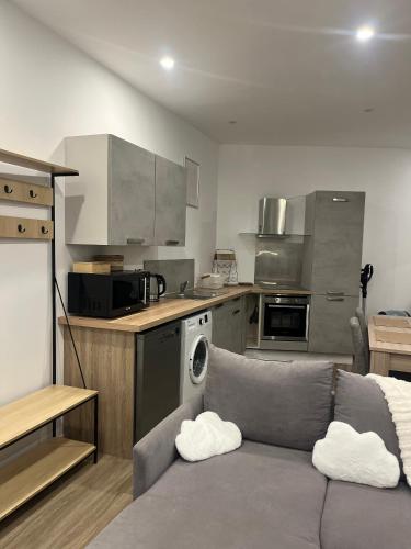 un salon avec un canapé gris dans une cuisine dans l'établissement Écrin des nuages, à Cognac