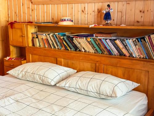 a room with a bed with a shelf of books at Cabana Raza Soarelui in Beliş