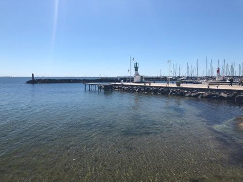 a harbor with a dock and a lighthouse in the water at Marseillan 18th Century 2-Bed House Sleeps 6 in Marseillan