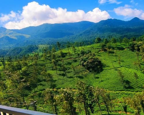 a view of a green hill with mountains in the background at Hillway Boutique Resort in Vythiri
